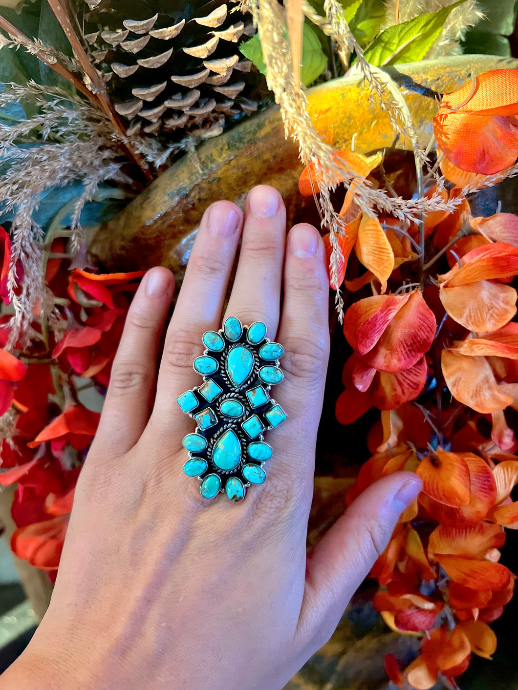Style 1 Large Turquoise Statement Ring - Adjustable Band