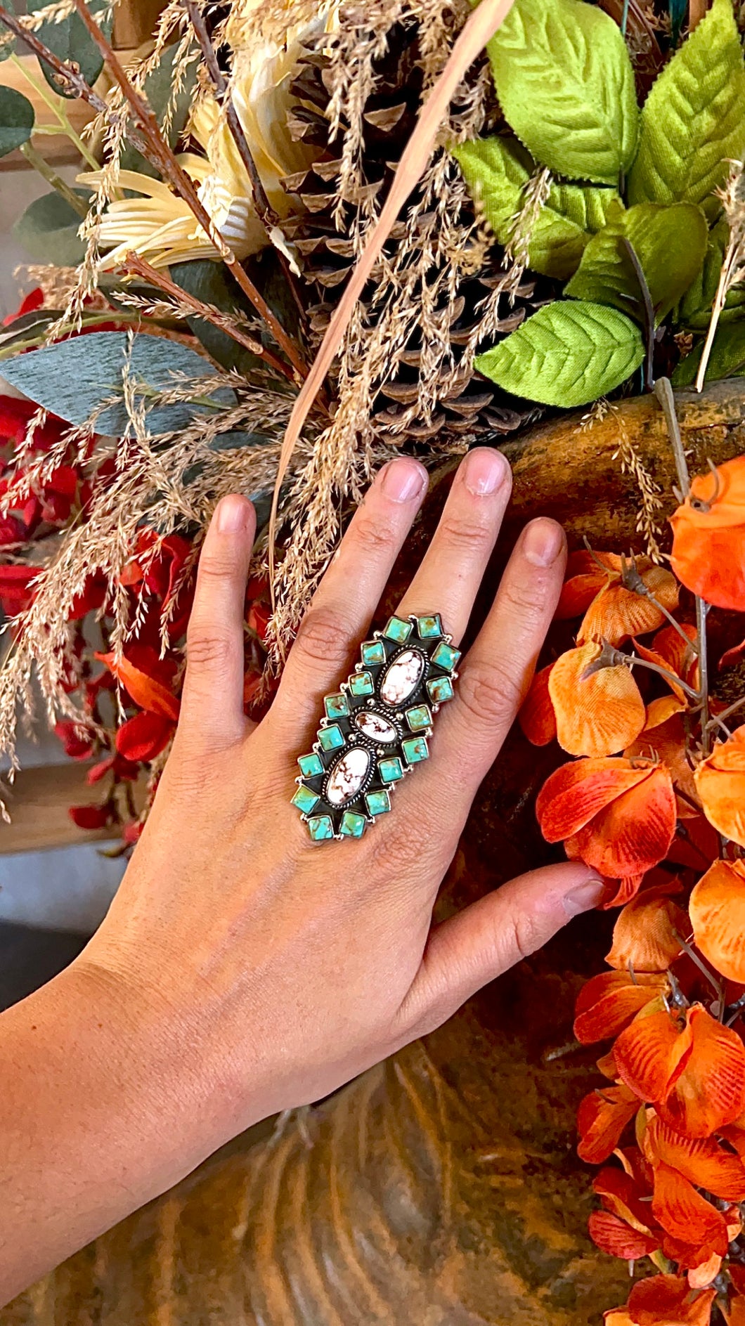 Turquoise and Wild Horse Statement Ring - Adjustable