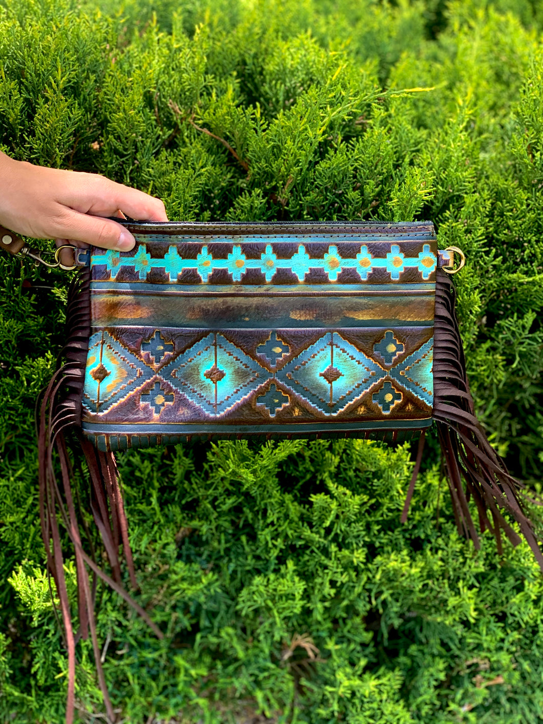 Turquoise and Bronze Aztec Leather Wristlet