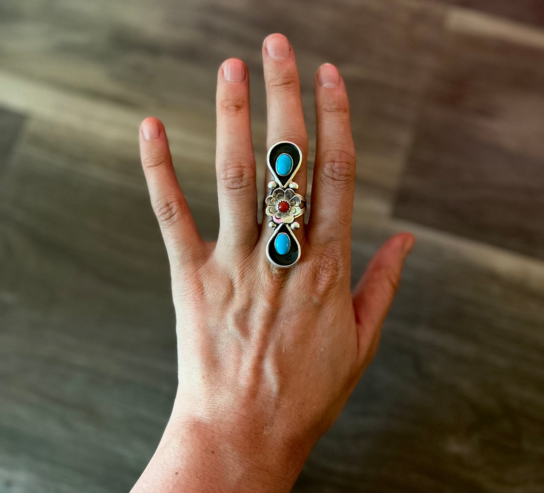 Turquoise and Coral Pawn Ring - 6.5