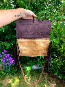 Cowhide Purse w/ Embossed Aztec Leather Flap