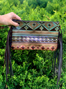 Turquoise and Red Aztec Leather Wristlet