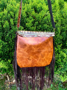 Cowhide Purse w/ Turquoise Aztec Embossed Flap